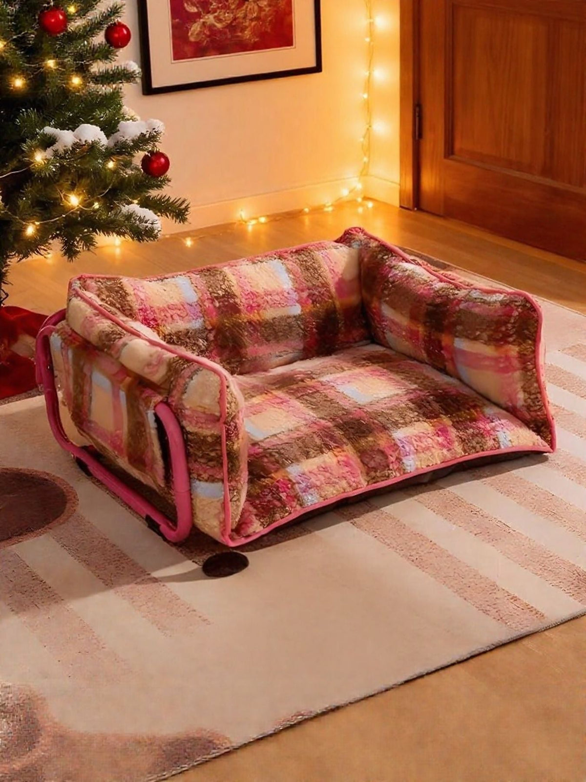 Cama sofá de peluche con estampado de cuadros para mascotas - Artículos HE