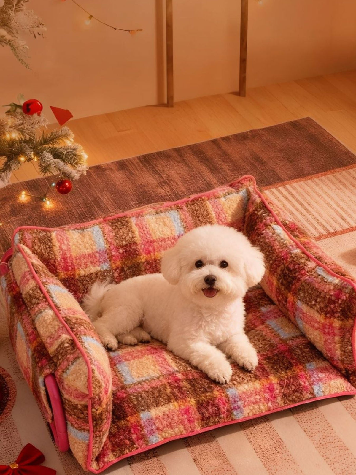 Cama sofá de peluche con estampado de cuadros para mascotas - Artículos HE