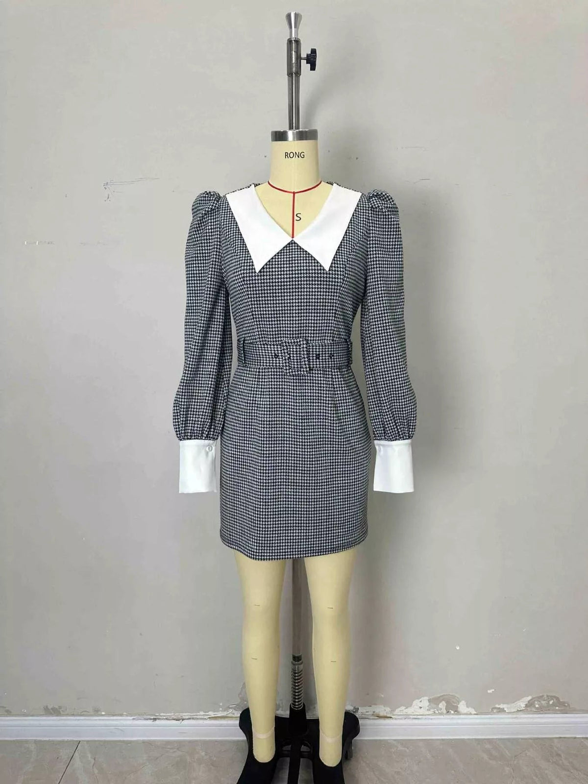 Contrast Collar Houndstooth Mini Dress - Artículos HE