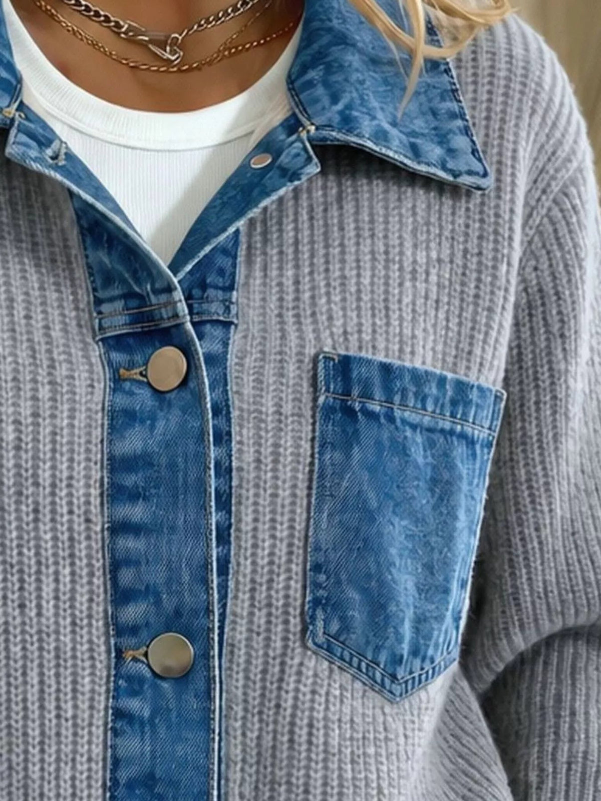 Denim Trim Button Up Cardigan - Artículos HE