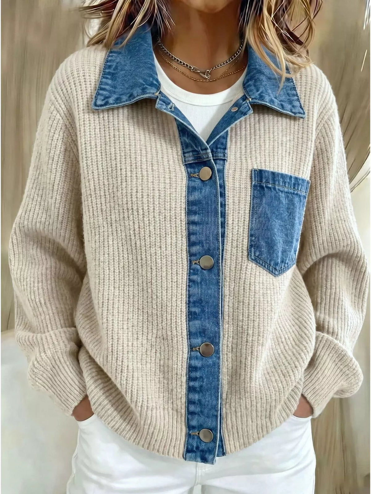 Denim Trim Button Up Cardigan - Artículos HE