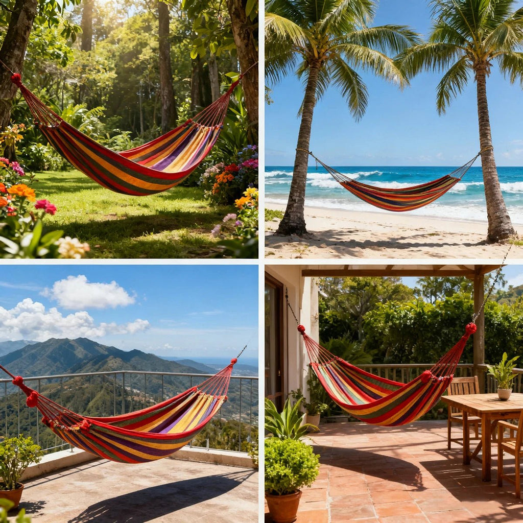 Double Hammock 2 Person Canvas Cotton Hammock with Tree Straps for Patio Garden Backyard Outdoor and Indoor (Red, Blue) - Artículos HE