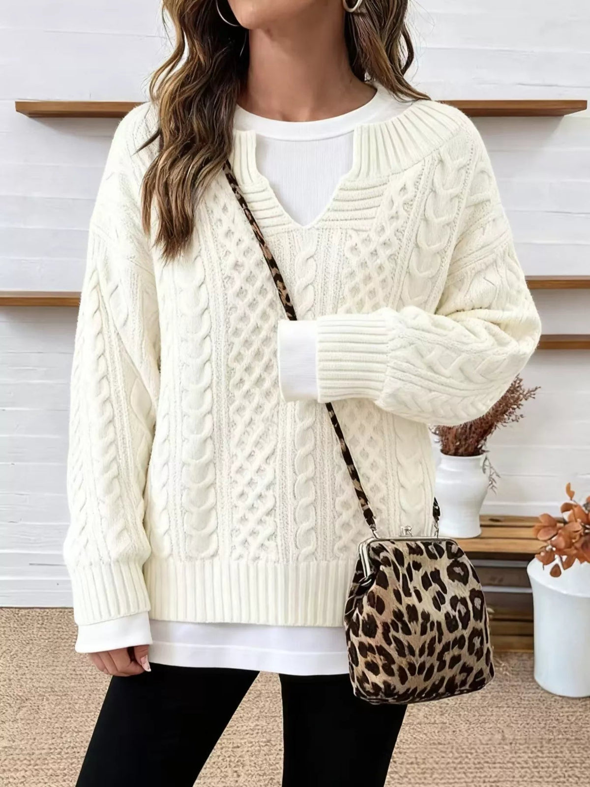 Full Size Cable Knit Dropped Shoulder Sweater Plus Size - Artículos HE