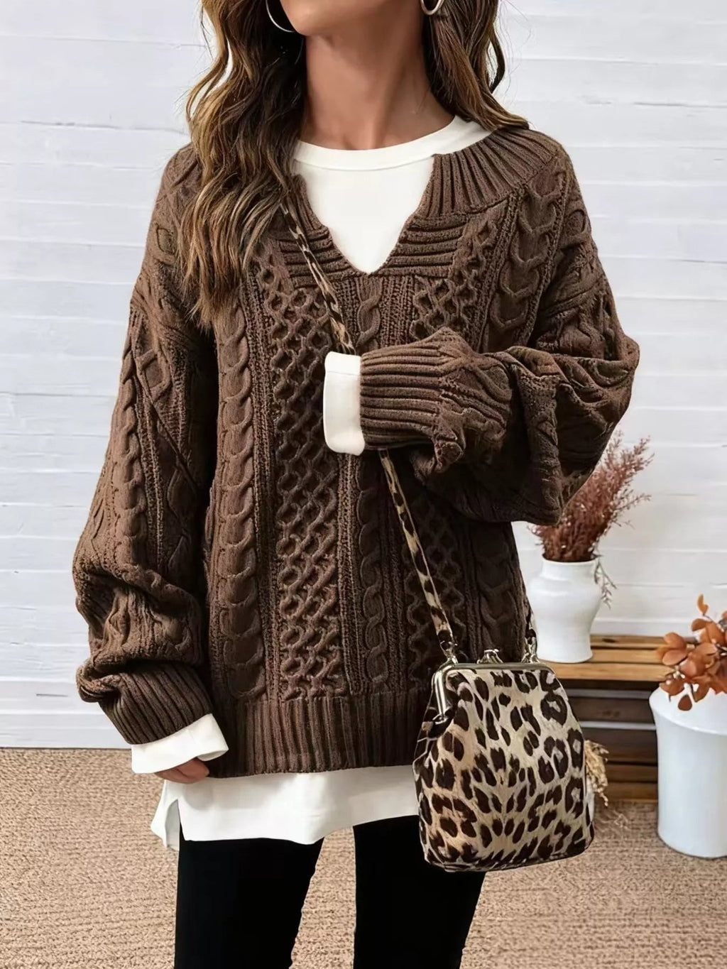 Full Size Cable Knit Dropped Shoulder Sweater Plus Size - Artículos HE