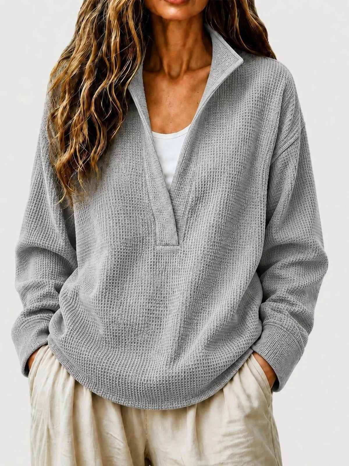 Full Size Waffle Knit Dropped Shoulder Sweatshirt Plus Size - Artículos HE