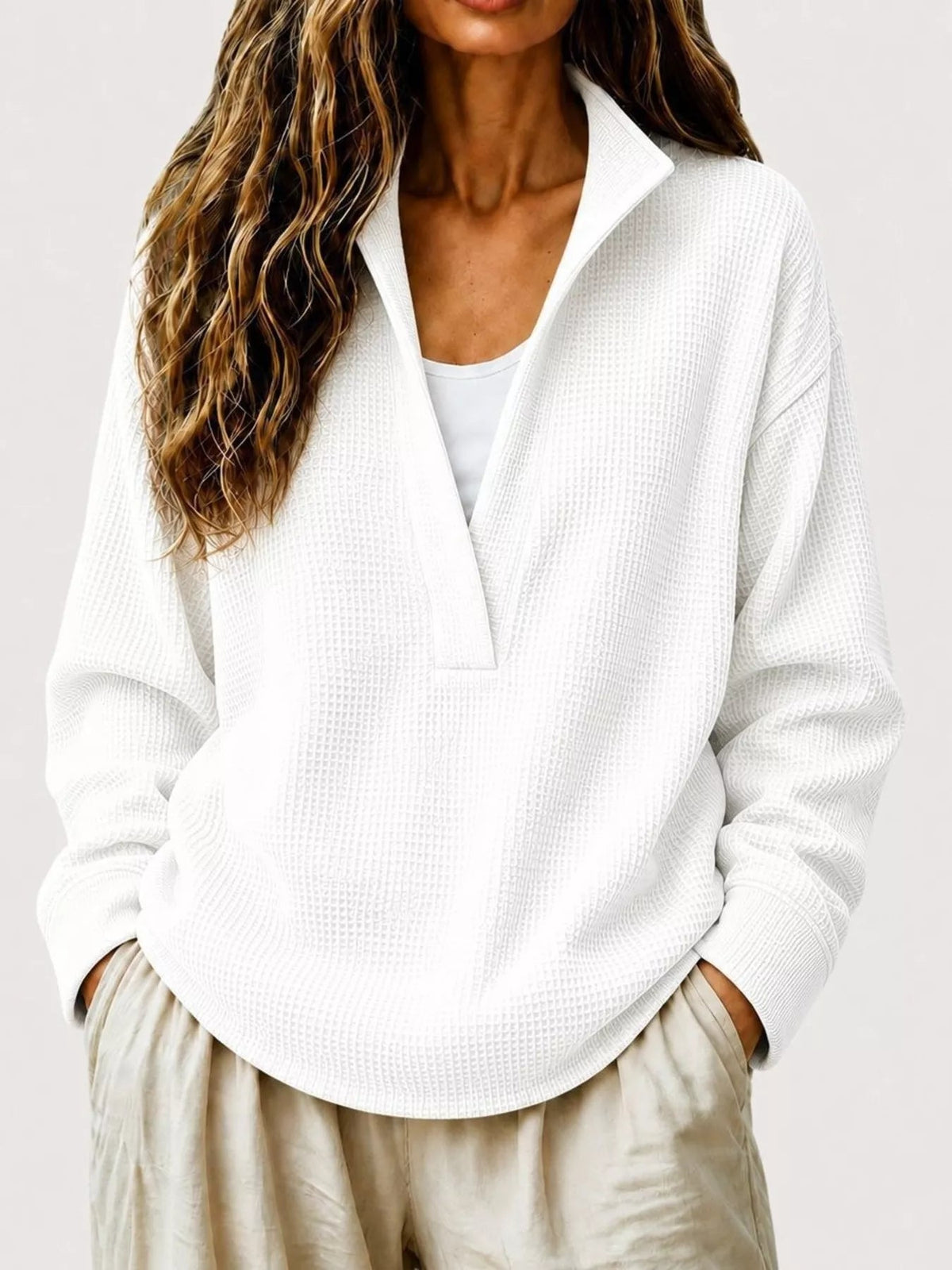 Full Size Waffle Knit Dropped Shoulder Sweatshirt Plus Size - Artículos HE