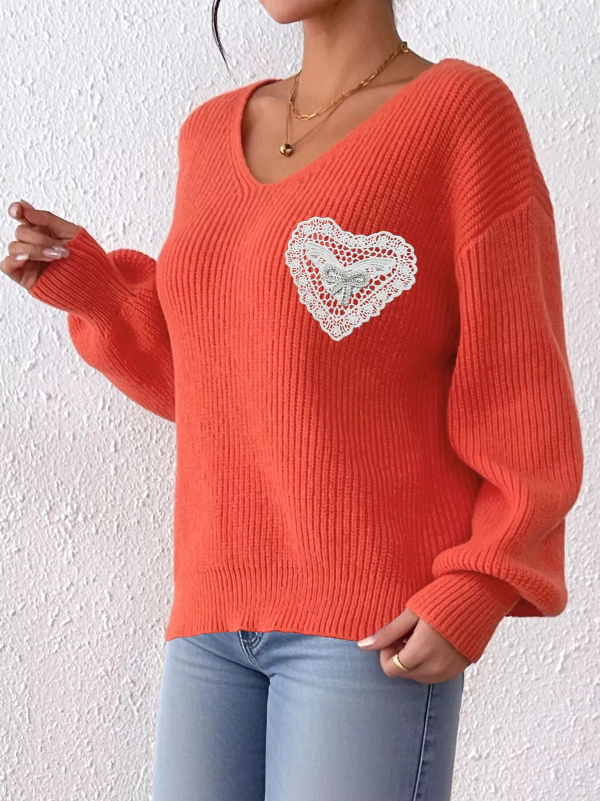 Lace Heart Dropped Shoulder Sweater - Artículos HE