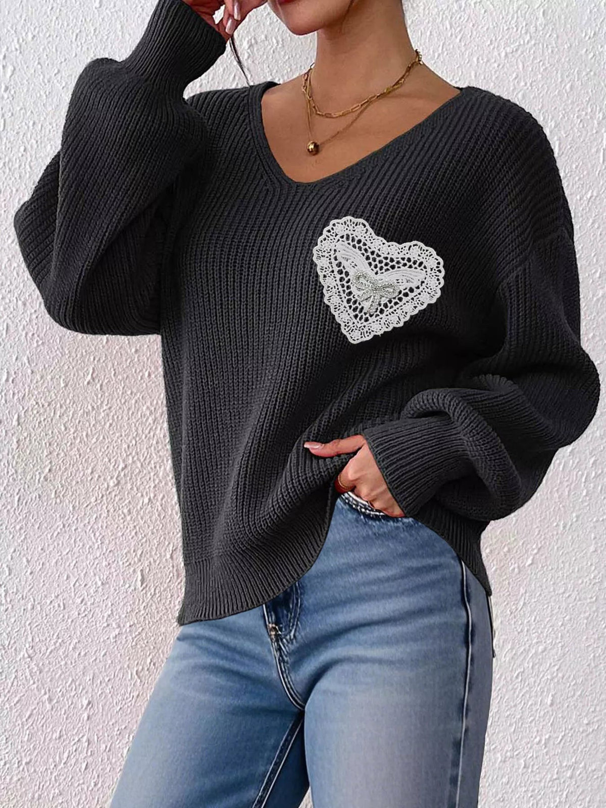 Lace Heart Dropped Shoulder Sweater - Artículos HE