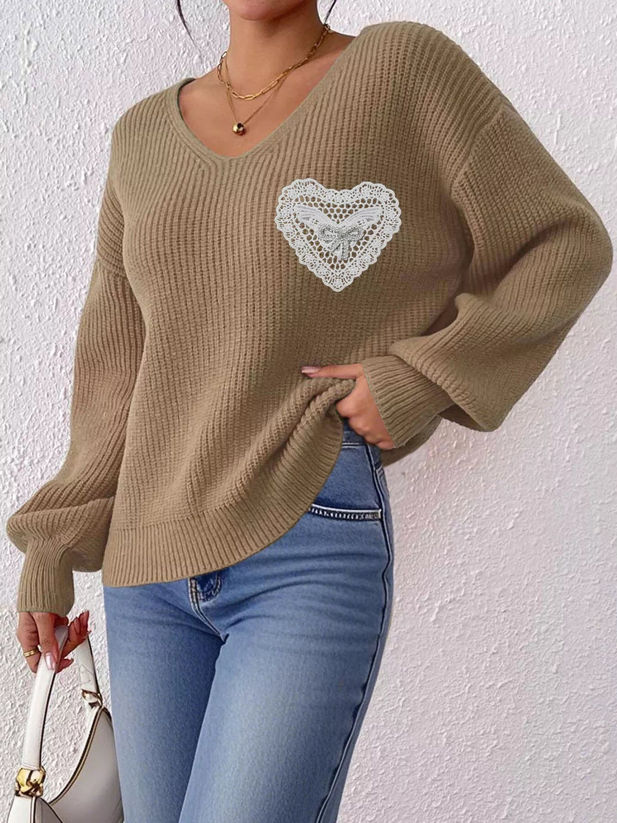 Lace Heart Dropped Shoulder Sweater - Artículos HE