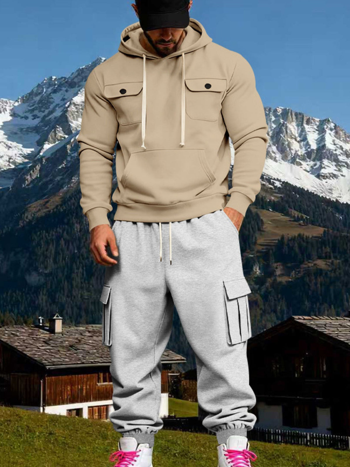 Men's Full Size Kangaroo Pocket Hoodie and Sweatpants Two-Piece Set Plus Size - Artículos HE