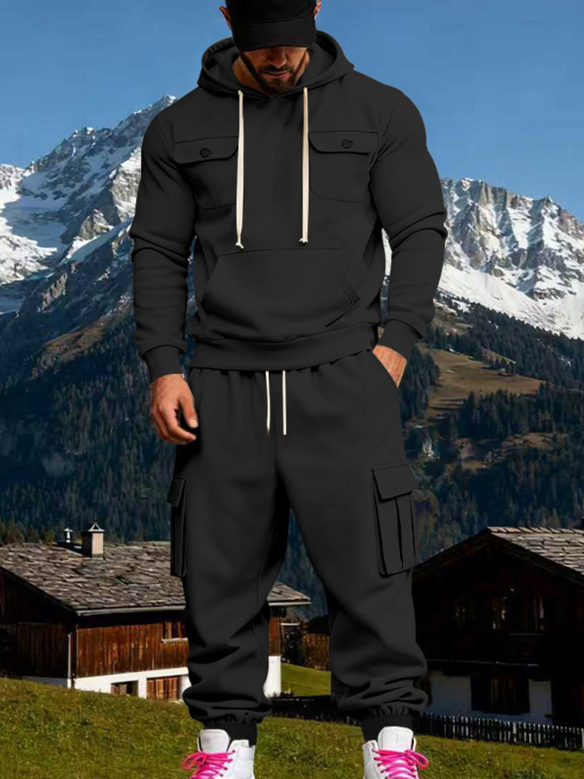 Men's Full Size Kangaroo Pocket Hoodie and Sweatpants Two-Piece Set Plus Size - Artículos HE