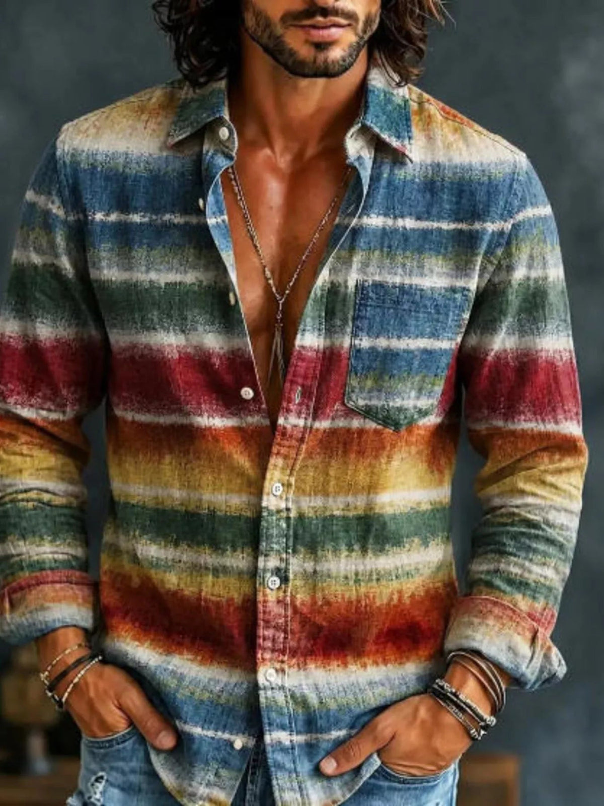 Men's Full Size Vintage Multi-Color Striped Long Sleeve Shirt Plus Size - Artículos HE