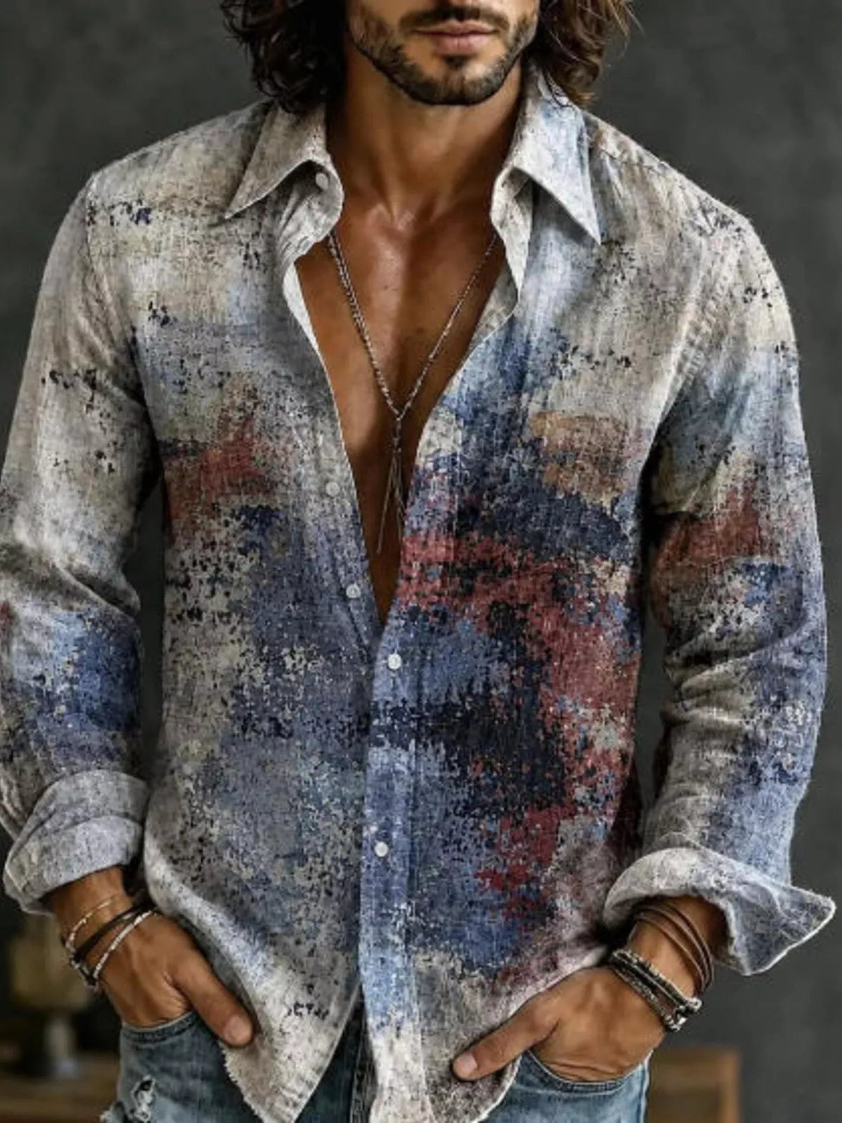 Men's Full Size Vintage Multi-Color Striped Long Sleeve Shirt Plus Size - Artículos HE