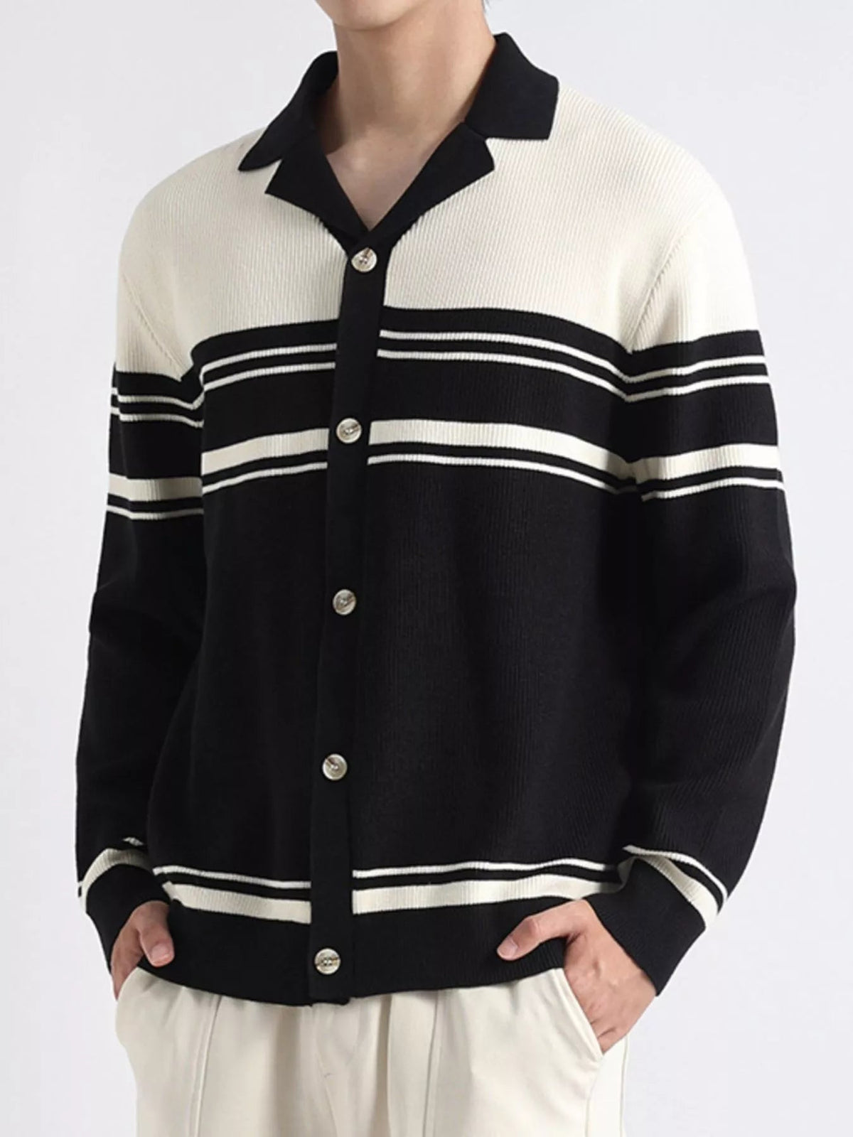 Men's Plus Size Contrast Striped Button-Down Cardigan - Artículos HE