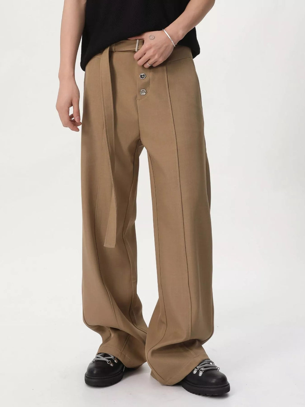 Pantalón de pernera ancha de cintura alta con cinturón para hombre - Artículos HE