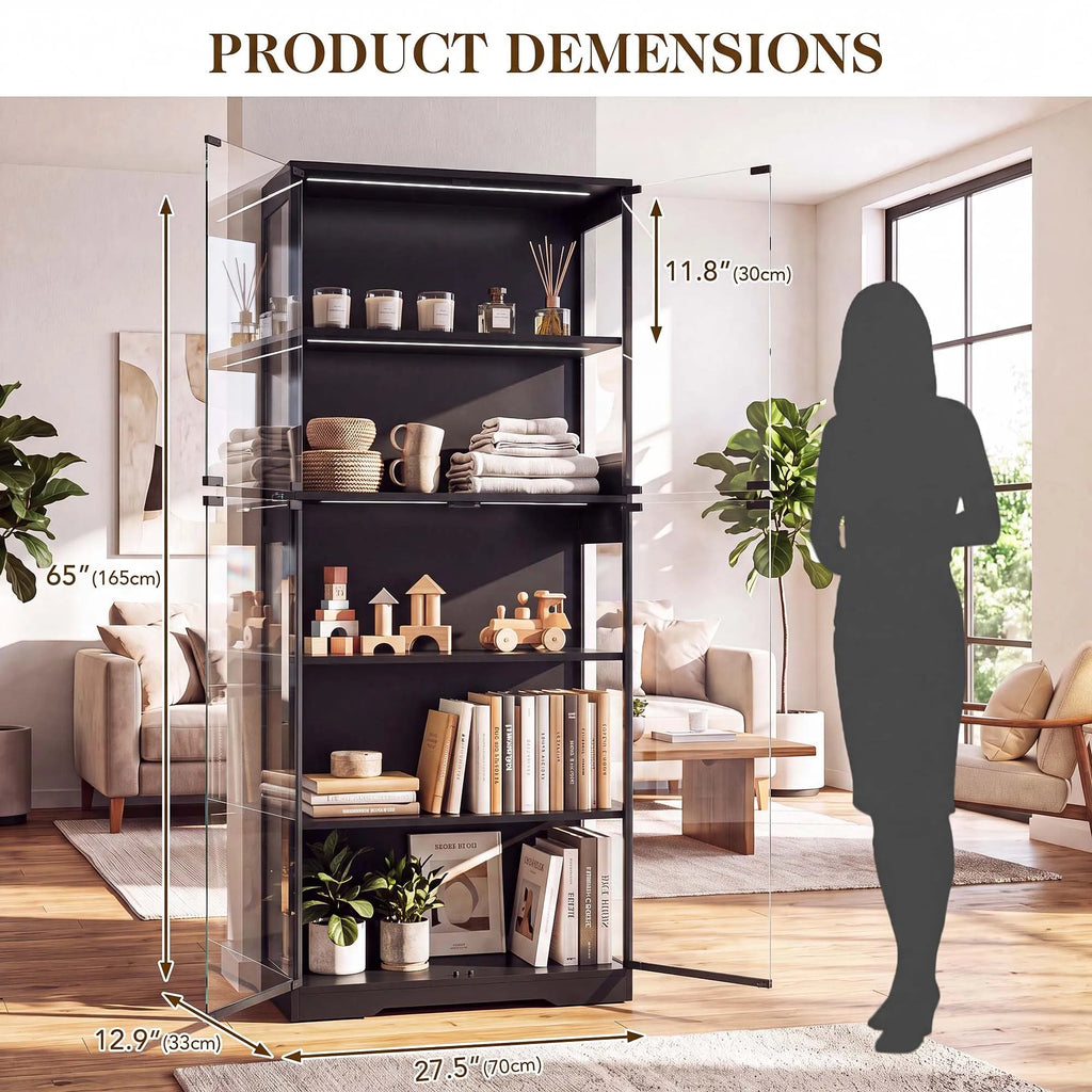 TCGBKAF 5‑Tier Display Cabinet with Glass Doors Motion Sensor Dimmable LED Lights Wooden Frame Display Storage Cabinet for Collectible Figures Living Room Bedroom Office Home Furniture - Artículos HE